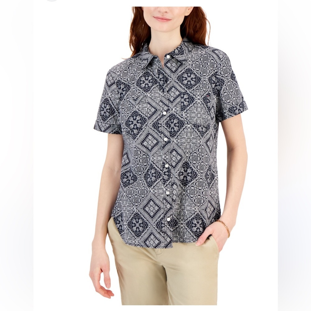 Tommy Hilfiger Navy and White Patterned Button Down Shirt